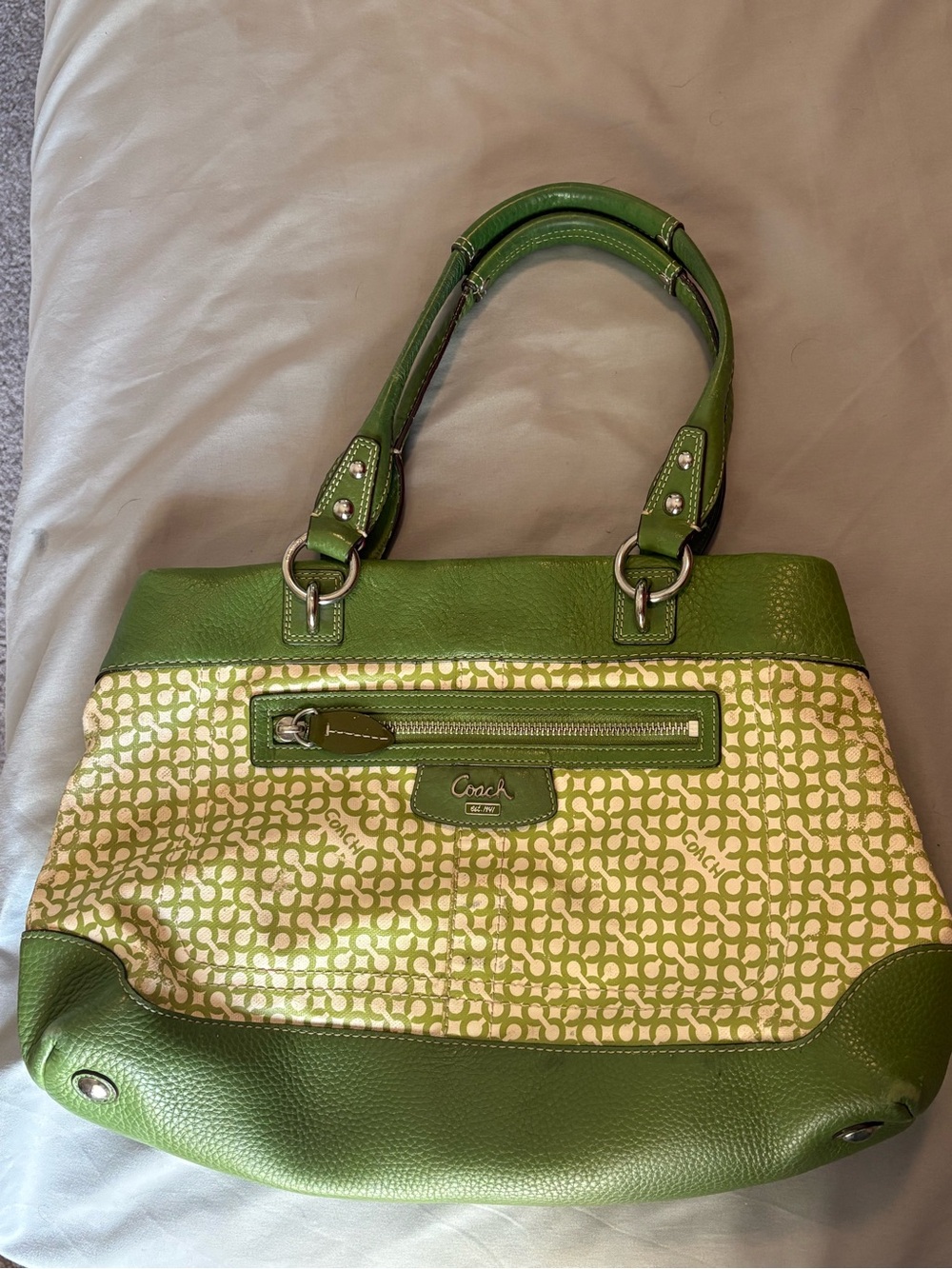 Coach Green Signature Canvas Shoulder Bag with Leather Trim